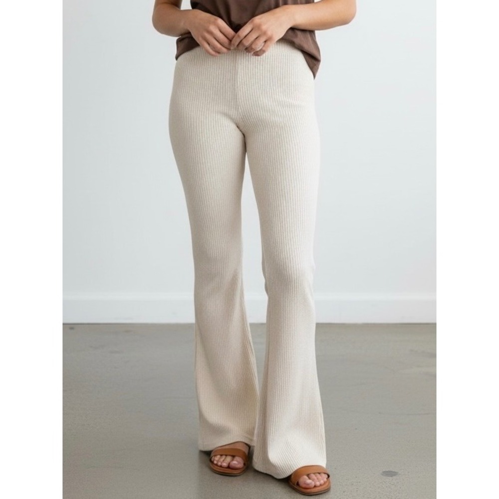 Aerie Womens Cream Waffle Knit High Waisted Flare Leggings Pants Small Regular